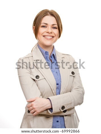 Portrait of young business lady with folded hand isolated on white background