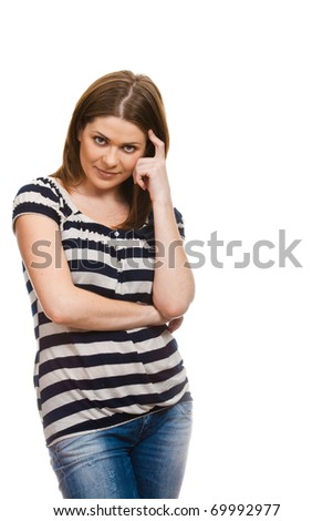 Portrait of happy smiling woman dressed in a striped blouse isolated over white background. Caucasian American girl