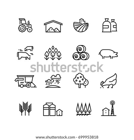 Farm harvest linear vector icons. Agronomy and farming pictograms. Agricultural symbols, farm field, agricultural equipment, tractor transport illustration Royalty-Free Stock Photo #699953818
