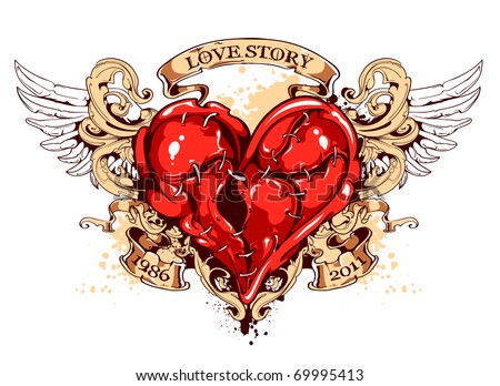 Heart with ribbons, wings and flourish pattern. Tattoo style. Layered. Vector EPS 10 illustration.