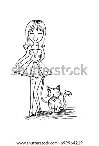 Girl and Cat in cartoon style.