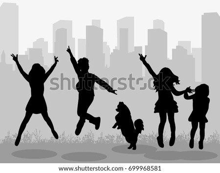  isolated silhouette of children and dog