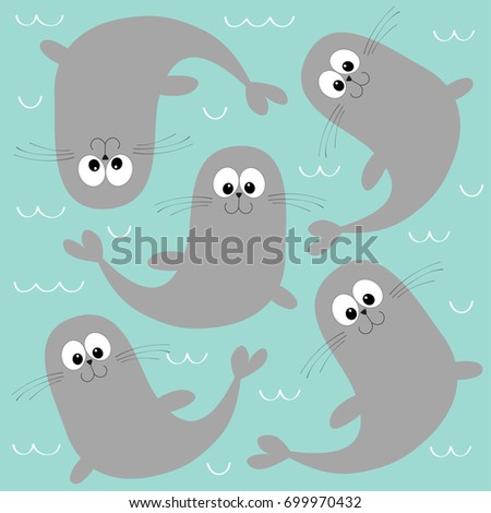 Sea lion. Harp seal pup. Cute cartoon character. Happy animal collection. Sea ocean water wave. Mother and baby family. Blue background. Flat design
