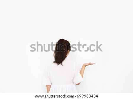 Girl open one hand gesture on white background