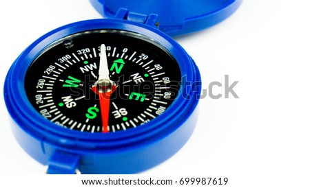 Blue Magnetic Compass Isolated Over White Background. Travel Concept. Copy Space.
