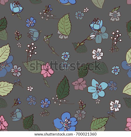seamless pattern with multicolored wildflowers with leaves on a dark gray background