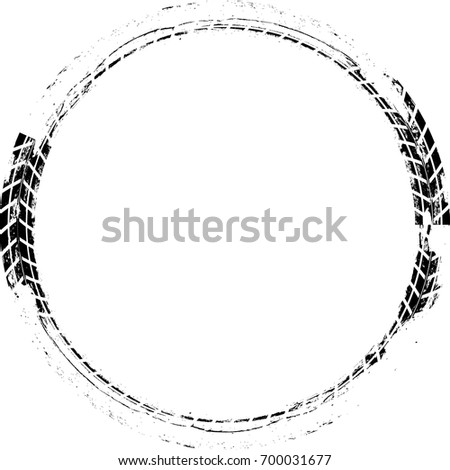 Tire Track Vector Round Border Frame . Distressed Overlay Grunge Design .  Bike thread silhouette . Geometric circle shape