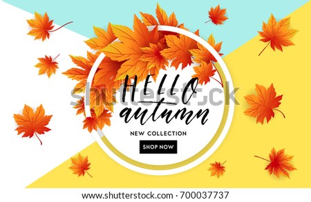 Autumn sale flyer template with lettering. Bright fall leaves. Poster, card, label, banner design. Bright geometrical background. Vector illustration EPS10