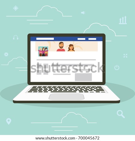 Social network facebook web site surfing concept illustration of young people using mobile gadgets laptop to be a part of online community