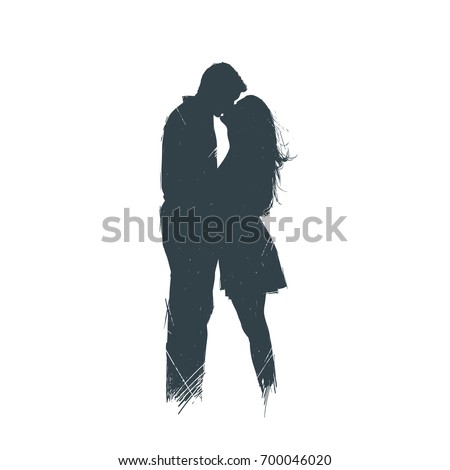 Man and a woman with long hair stand and kiss. Silhouette. A sketch. Handmade Royalty-Free Stock Photo #700046020