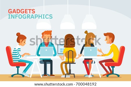 Vector picture view of coworking shared space office with freelancers working on project start up sitting at table. Collective team work small business entrepreneurship partnership concept.