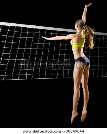 Young woman beach volleyball player (with net version)