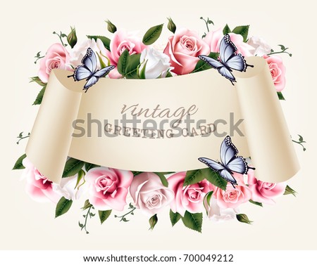 Natural vintage greeting frame with roses and butterfly. Vector.