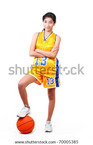 full body picture of a beautiful basketball player standing over a ball.white background