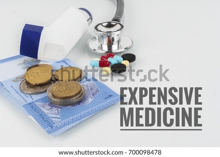 Concept saving money for medical with word EXPENSIVE MEDICINE