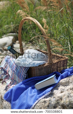Outdoor picture with a picnic basket, a bottle of wine, a glass of wine, a book and a blue sun hat