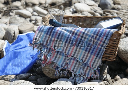 Outdoor picture with a picnic basket, a bottle of wine, a glass of wine and a blue cloth