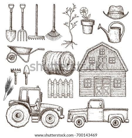 Set of farming equipment icons. Farming tools and agricultural machines decoration, sketch illustration. Vector