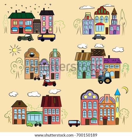 A city with different houses outline colorful trees and cars