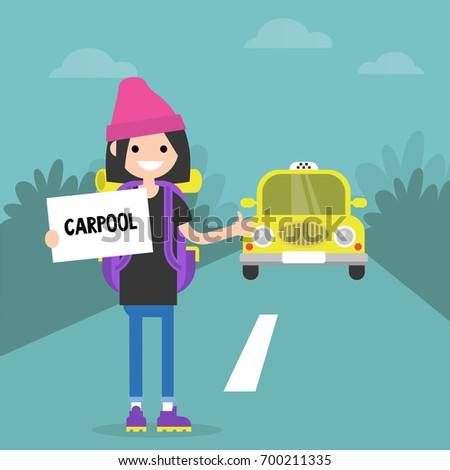 Young female character using a car sharing service. Carpool. Backpacker on a road. Flat editable vector illustration, clip art