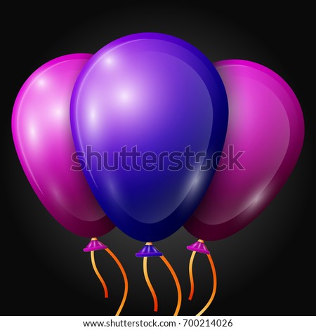 Realistic blue, purple balloons with ribbons isolated on black background. Vector illustration of shiny colorful glossy balloons