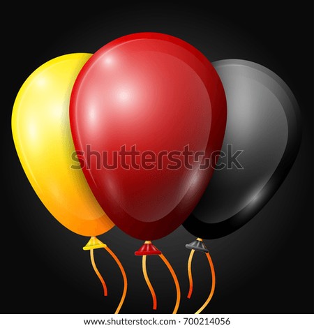 Realistic yellow, red, black balloons with ribbons isolated on black background. Vector illustration of shiny colorful glossy balloons