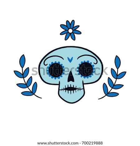 Day of the dead skull with flowers and leaves. Simple design vector illustration.