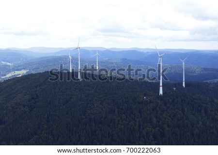 Aerial picture from the wind farm in the south of the black forest. Wind turbines on the local mountain Rohrenkopf of Gersbach, a district of Schopfheim in Baden-Wuerttemberg. WKA. Windkraftanlage. 