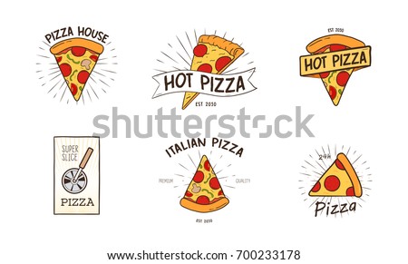 Pizzeria logotypes set. Collection of different logo with pizza slices and inscriptions.