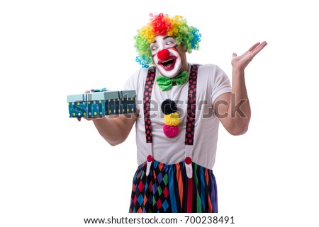 Funny clown with a gift present box isolated on white background