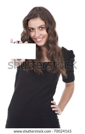 smiling woman holding an empty card