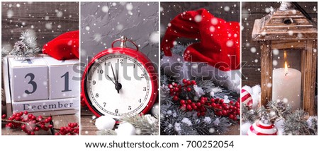 Collage from  New year photos. Decorative  hat, clock, lantern with candle,  calendar, berries and branches fur tree on aged  wooden background. Holiday site header.