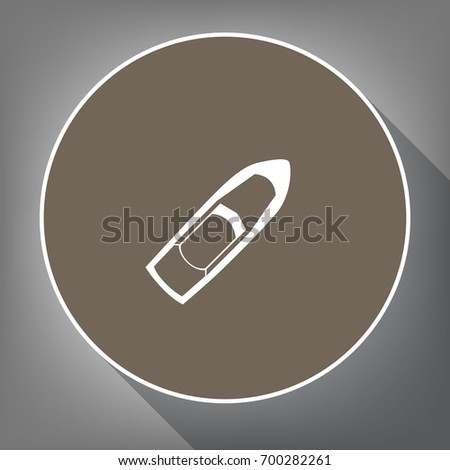 Boat sign. Vector. White icon on brown circle with white contour and long shadow at gray background. Like top view on postament.