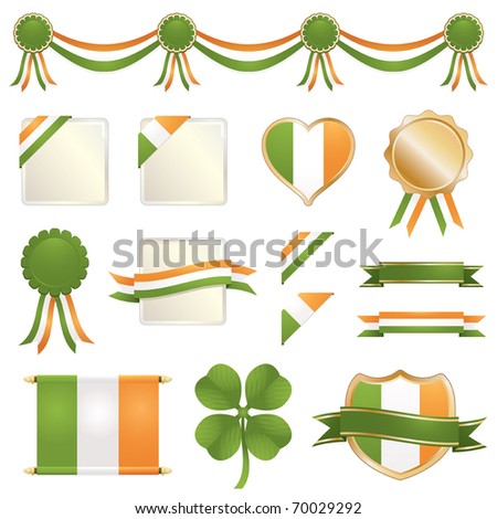 st patricks day decorative ribbons, flags and seals isolated on white