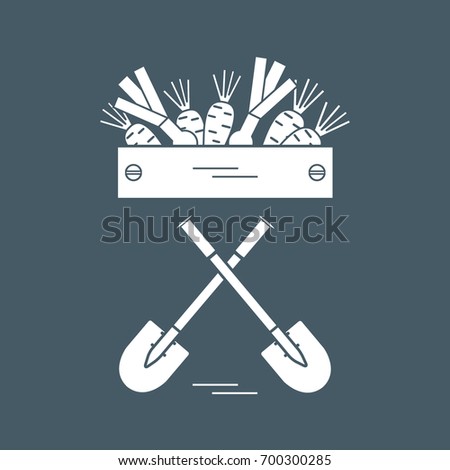 Cute vector illustration of harvest: two shovels, box of carrots and onion. Design for banner, poster or print.