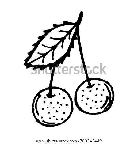 Icon of the sweet cherry. Doodle cherries. Vector illustration. Cherry with a leaf.