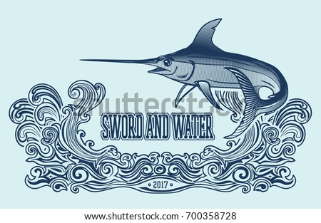 Swordfish. Sword and Water. Tracery blazon. Vector engraved illustration.
