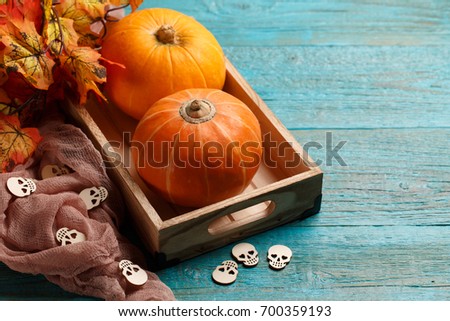Pumpkins, brown cloth, maple leaves