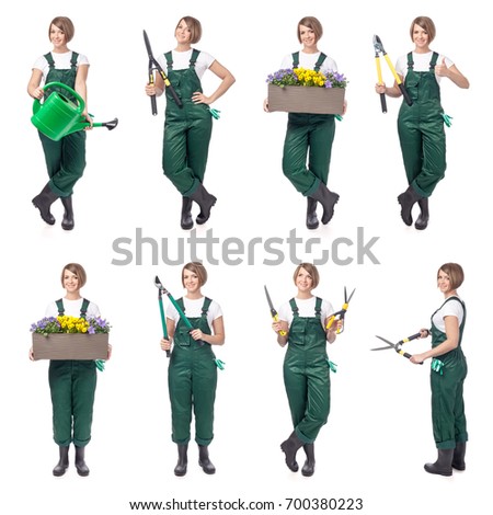 smiling woman professional gardener. gardening service and business concept. collage