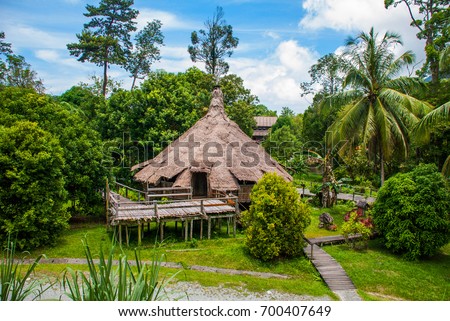 Traditional wooden Melanau houses. Kuching Sarawak Culture village. Borneo, Sarawak, Malaysia
