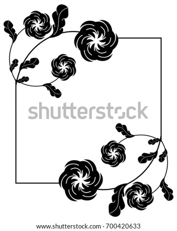 Black and white square frame with flowers. Copy space. Design element for your artwork. Vector clip art.
