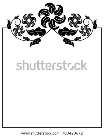 Black and white square frame with flowers. Copy space. Design element for your artwork. Vector clip art.
