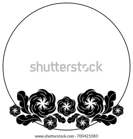 Black and white silhouette round frame with decorative flowers. Vector clip art.