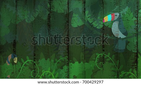 abstract tropical jungle pattern with illustration of plants and animals on wooden background