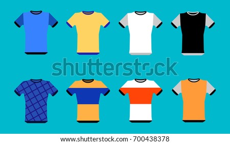 Types of jerseys set. simple icons of main jerseys . Yellow, red, blue, white pullovers isolated on blue background. Flat design Vector Illustration