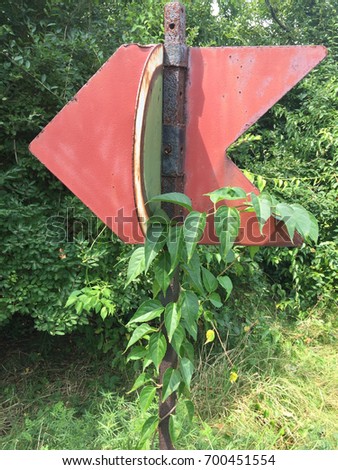 Red Sign With Creeping Flower Pointing To The Left