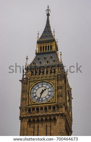 Big Ben Clock tower of London, United Kingdom. Westminster in a foggy morning. London, UK.