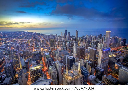 Chicago Skyline from above during bluehour from Skydeck Tower Royalty-Free Stock Photo #700479004