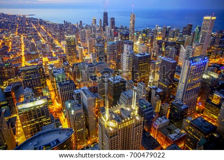 Chicago Skyline from above during bluehour from Skydeck Tower Royalty-Free Stock Photo #700479022