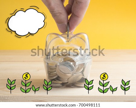transparent see through piggy bank filled with coins on wood background.Saving investment colorful concept.Tree idea sketch cartoon style.
